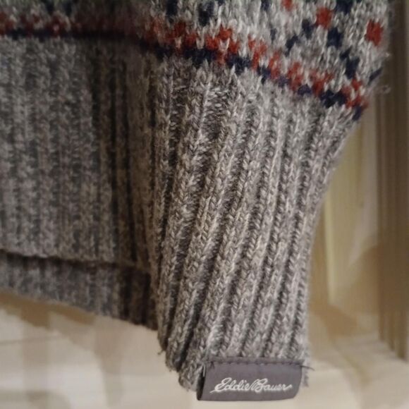 Vintage Eddie Bauer gray navy red Nordic Fair Isle wool blend crewneck sweater M - Picture 3 of 6